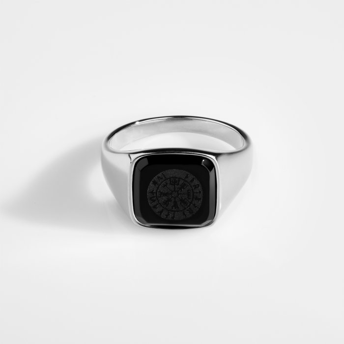 Black Onyx Vegvisir Signature - Sølvtonet ring